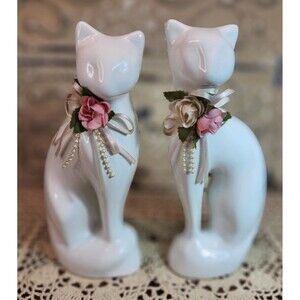 Pair of MCM White Ceramic Sitting Cat Figurines w/ Flower Accents